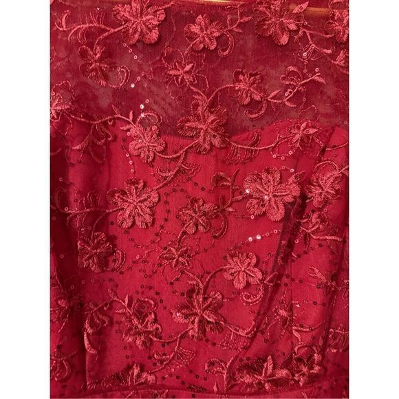 Adrianna Papell Size 6 Sequin Embroidered Midi Dress Red Mesh Overlay Evening - Picture 7 of 13